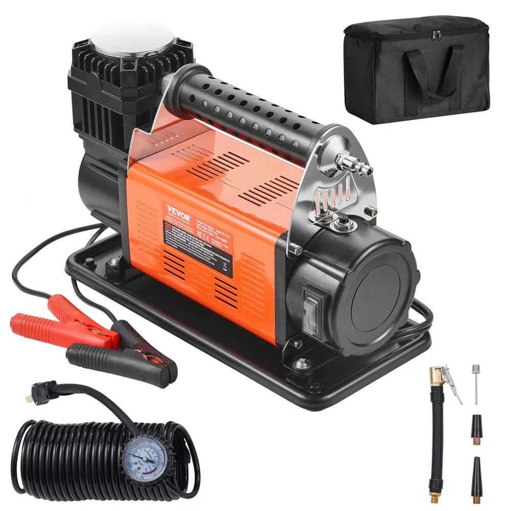 VEVOR 12V Portable Tire Inflator, 7.06 CFM Heavy-Duty Air Compressor, 150 PSI Off-Road Air Pump with Adapters for Car, SUV, RV, Truck – Includes 6.5 ft Power Cord, 26 ft Air Hose with Pressure Gauge, Carrying Case